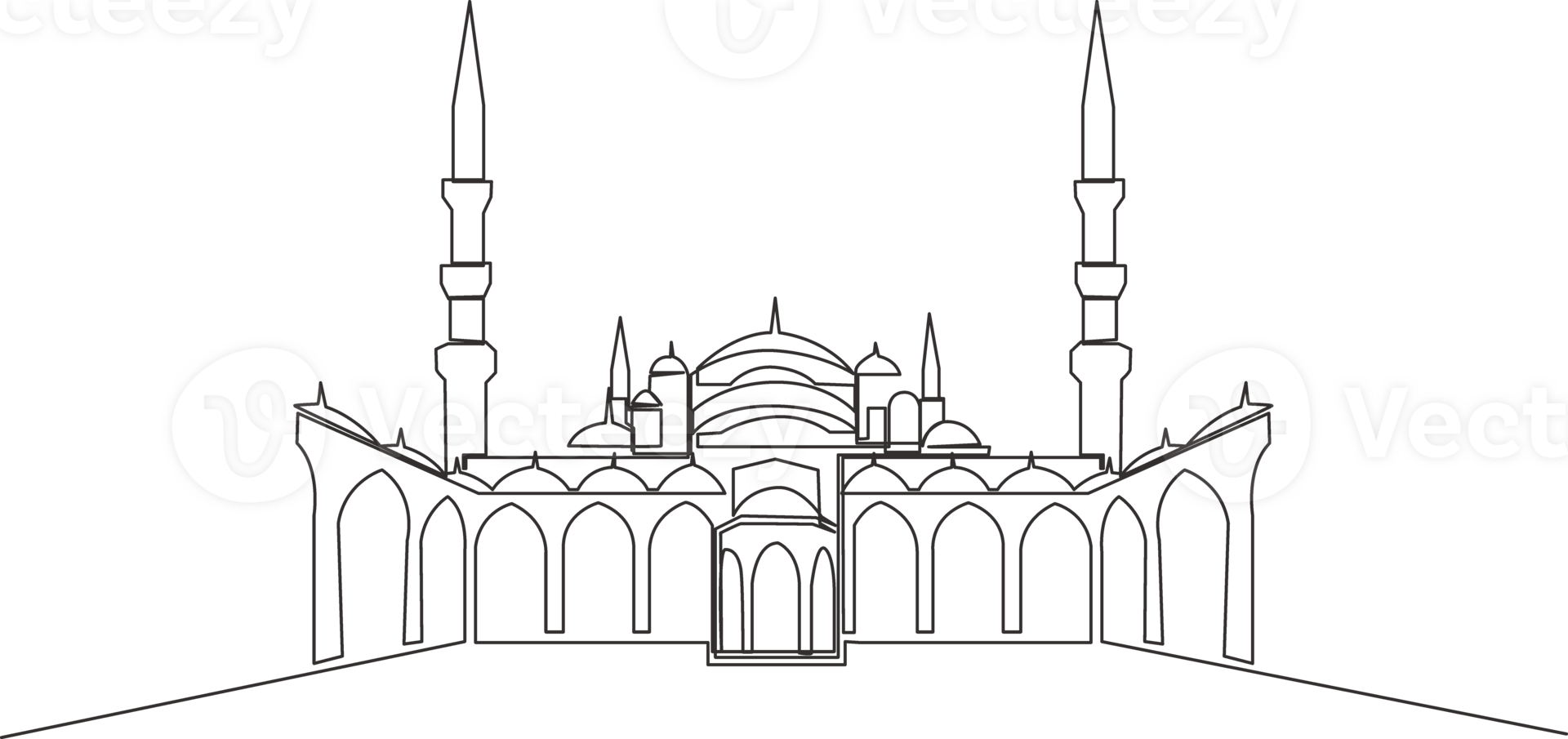 One continuous line drawing of Islamic historical landmark masjid or mosque. The ancient building that works as a place of worship for muslim person concept single line draw design illustration png