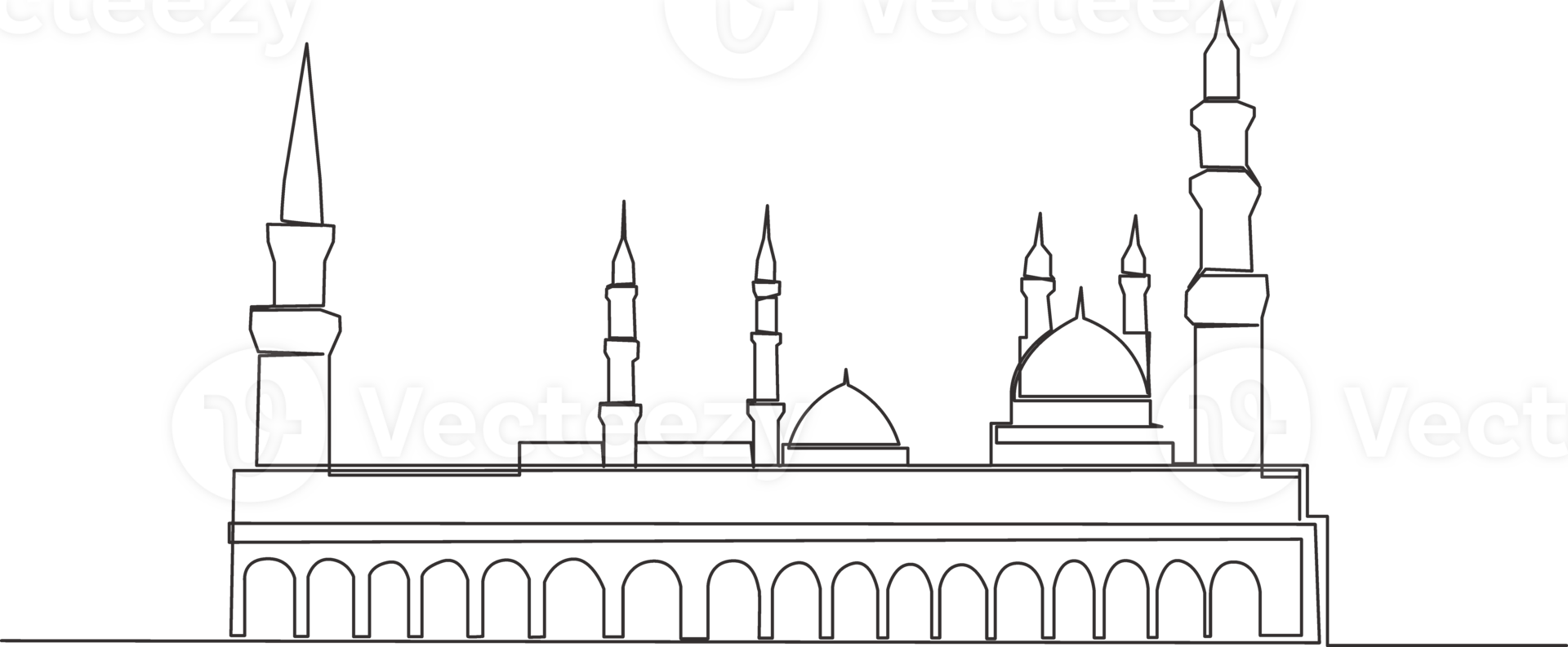 Single continuous line drawing of historical mosque or Masjid An Nabawi in Medina. Historical construction use as a place of praying for Islamic person concept one line draw design illustration png