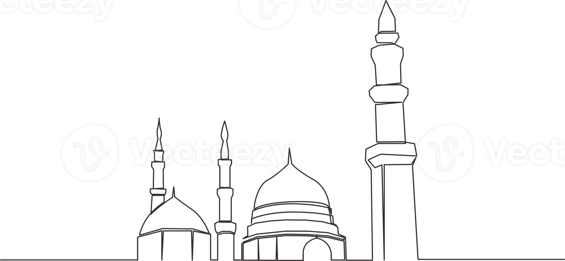 One continuous line drawing of historical landmark dome mosque or Masjid An Nabawi. Ancient building works as a place of worship for muslim person concept single line draw design illustration png
