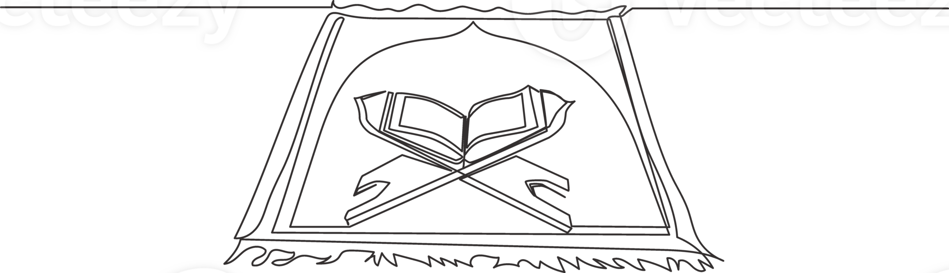 One continuous line drawing of sajadah, carpet that use to pray for muslim people and quran above. Worship of muslim person concept single line draw design illustration png