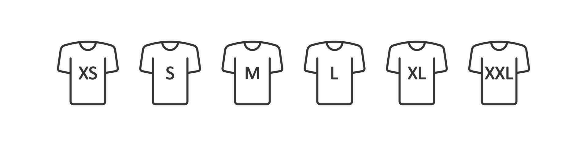 T-shirt size icon set. Size XS, S, M, L, XL, XXL symbol. Sign clothing vector flat.