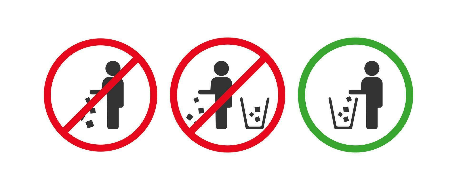 Garbage disposal signs icon set. Prohibiting the scattering of garbage