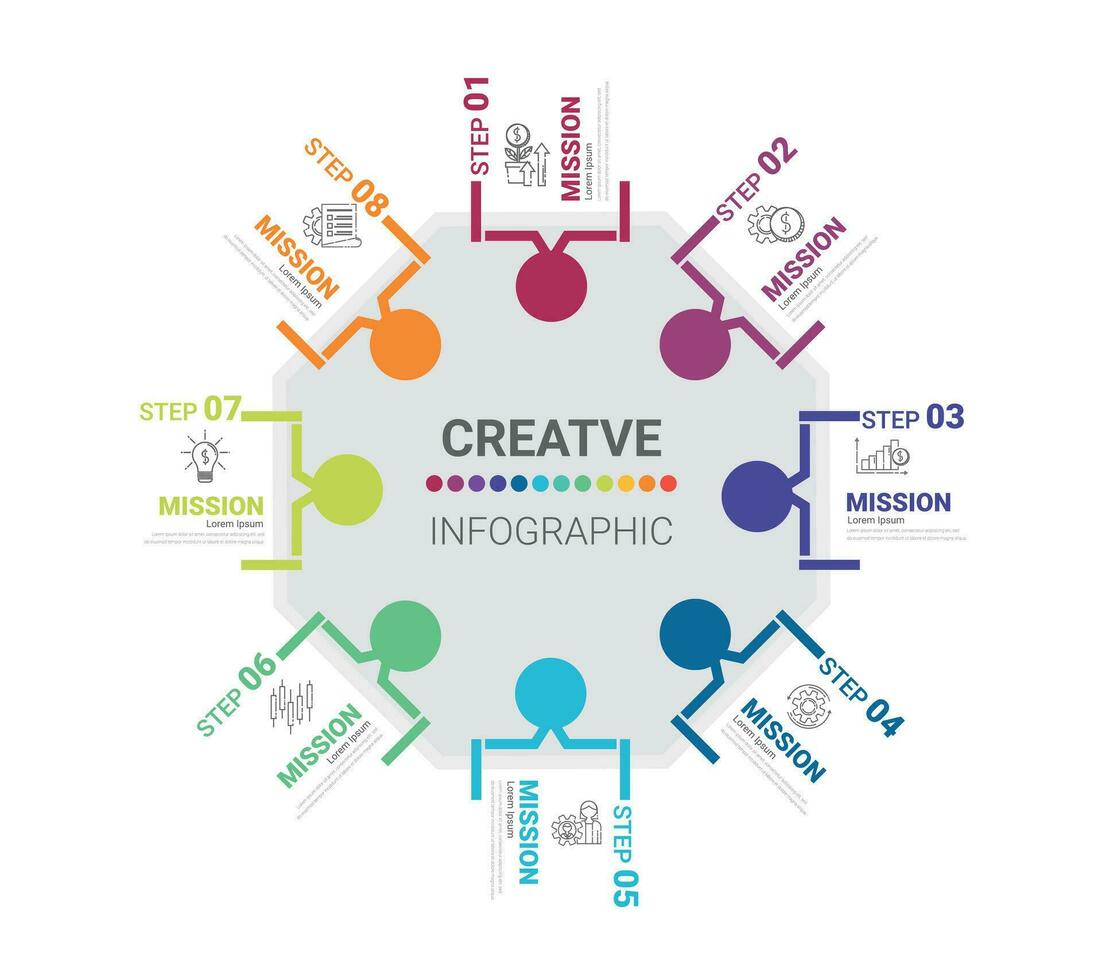 circulo infografía Delgado línea diseño y 8 opciones o pasos. infografia para negocio concepto. vector