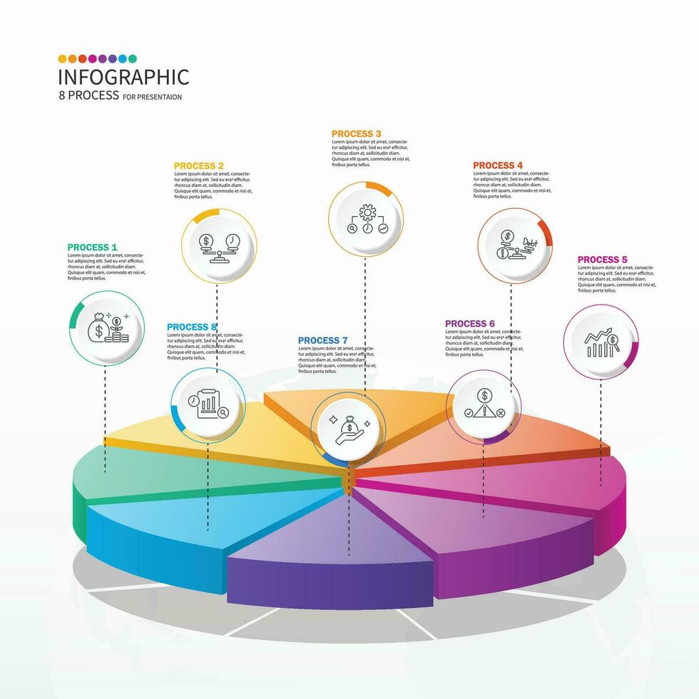 Basic circle 3D infographic template with 8 steps, process or options, vector