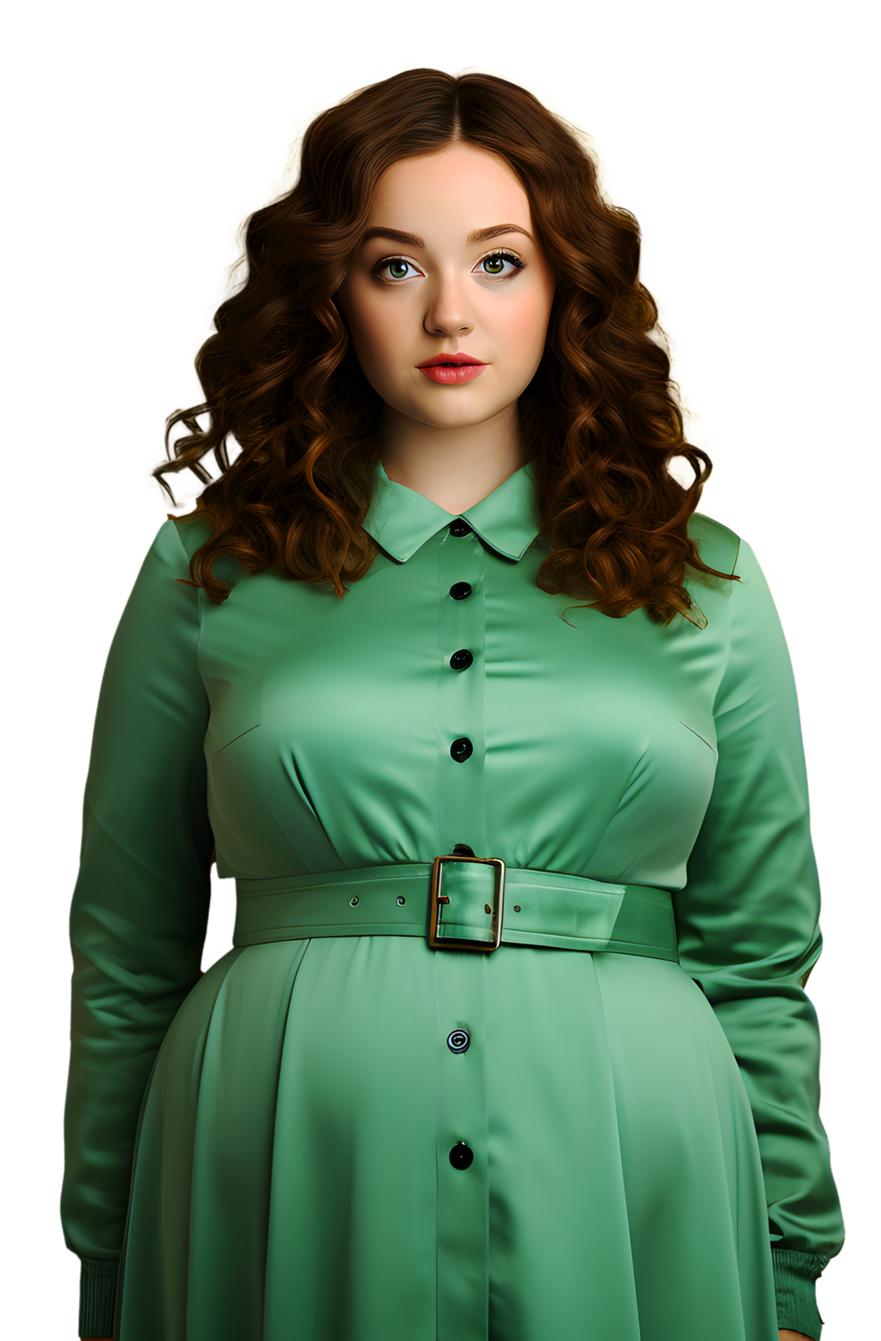 AI generated Portrait Caucasian fat woman curly hair in green costume