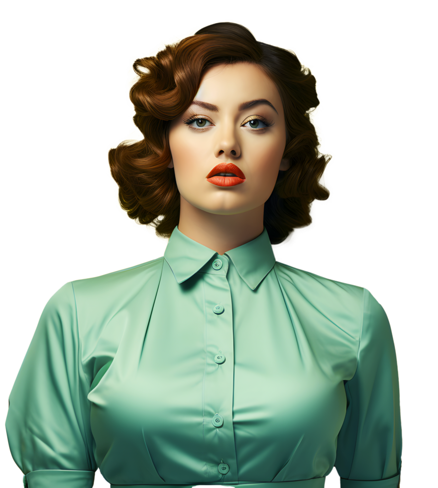 ai generato ritratto caucasico Grasso donna Riccio capelli nel verde costume. Vintage ▾ retrò alla moda e fantasia discoteca stile festa. ai generato png