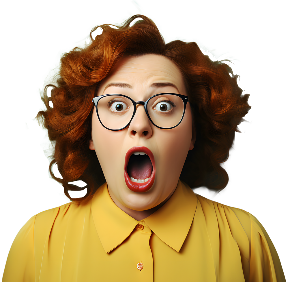 AI generated Portrait Mature elderly senior fat Caucasian woman curly hair in yellow pastel costume glasses is scared action. Vintage retro fashionable and fantasy disco style party. Ai Generated png