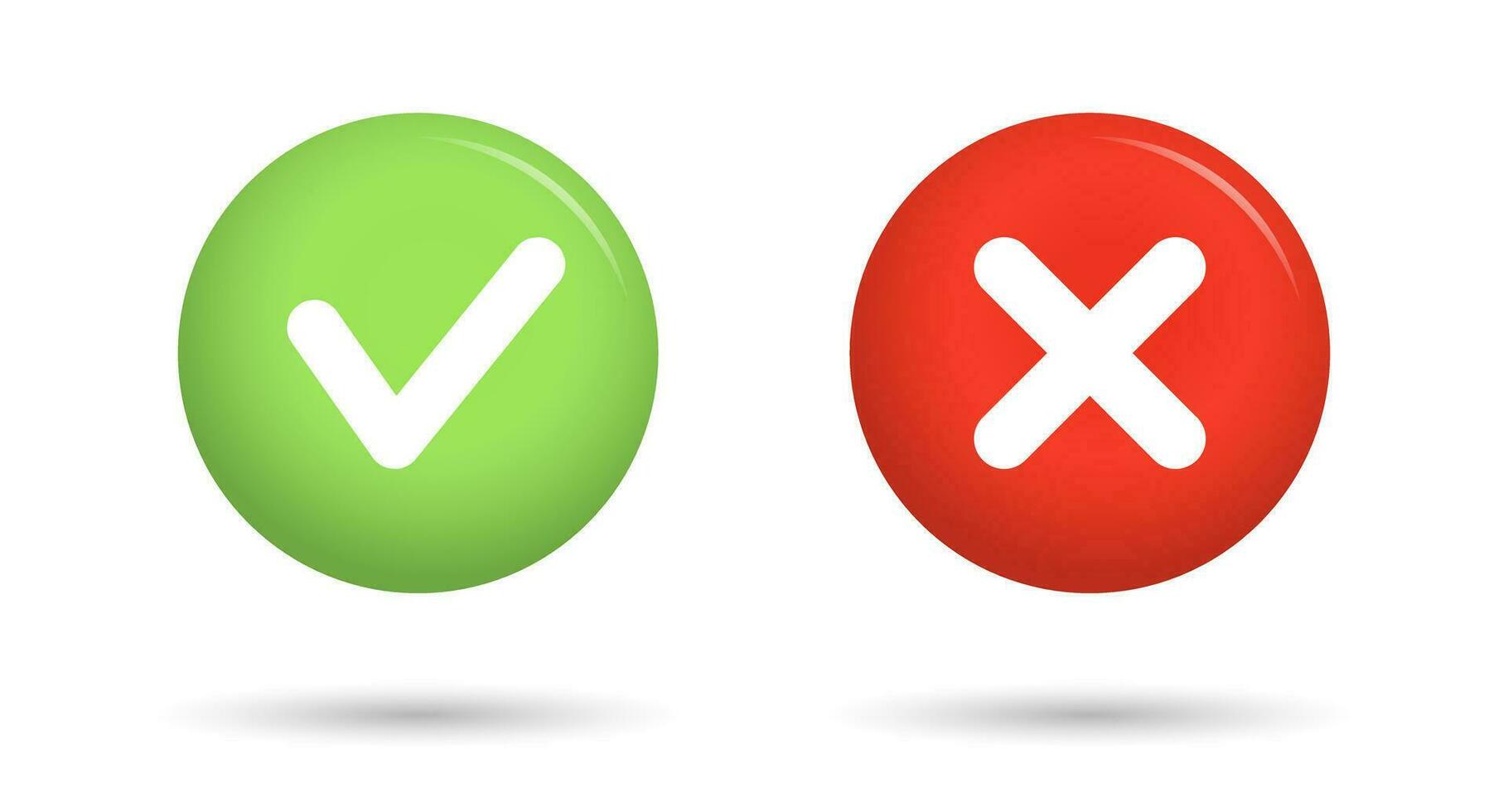 Green check mark and red cross icon. Isolated checkmarks, checklist signs, approval icon. Vector