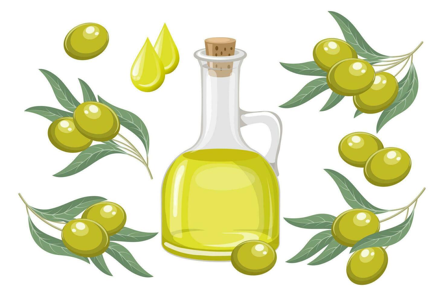 conjunto de verde Olivos. aceituna aceite, gotas de petróleo y leña menuda con aceitunas y hojas. comida ilustración, vector