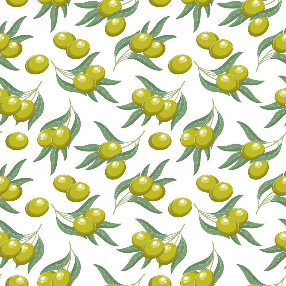 Background with olives. Seamless pattern, green olives and twigs with leaves on a white background. Print, vector