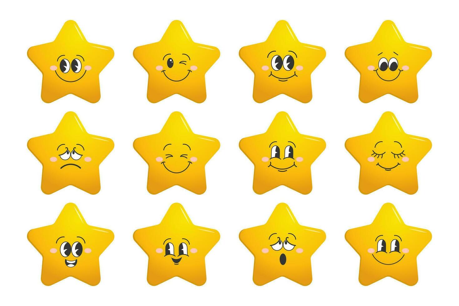 estrella personaje colocar. oro gracioso estrellas con emociones en rostro, linda dibujos animados emoji diseño. vector