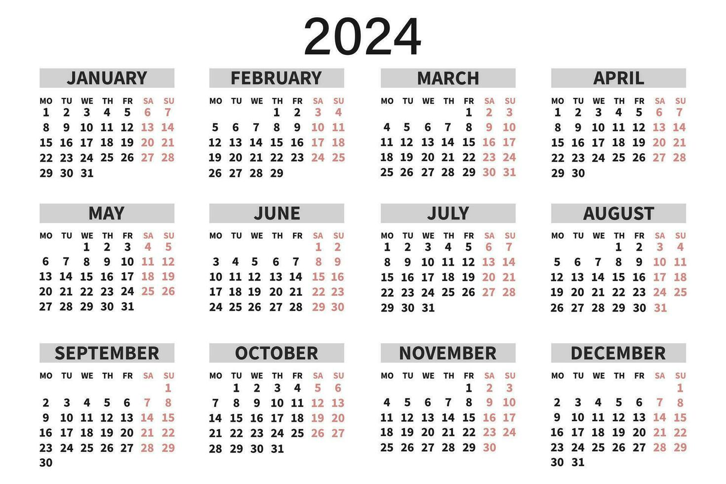 clásico horizontal calendario 2024 en inglés. días, semanas y meses