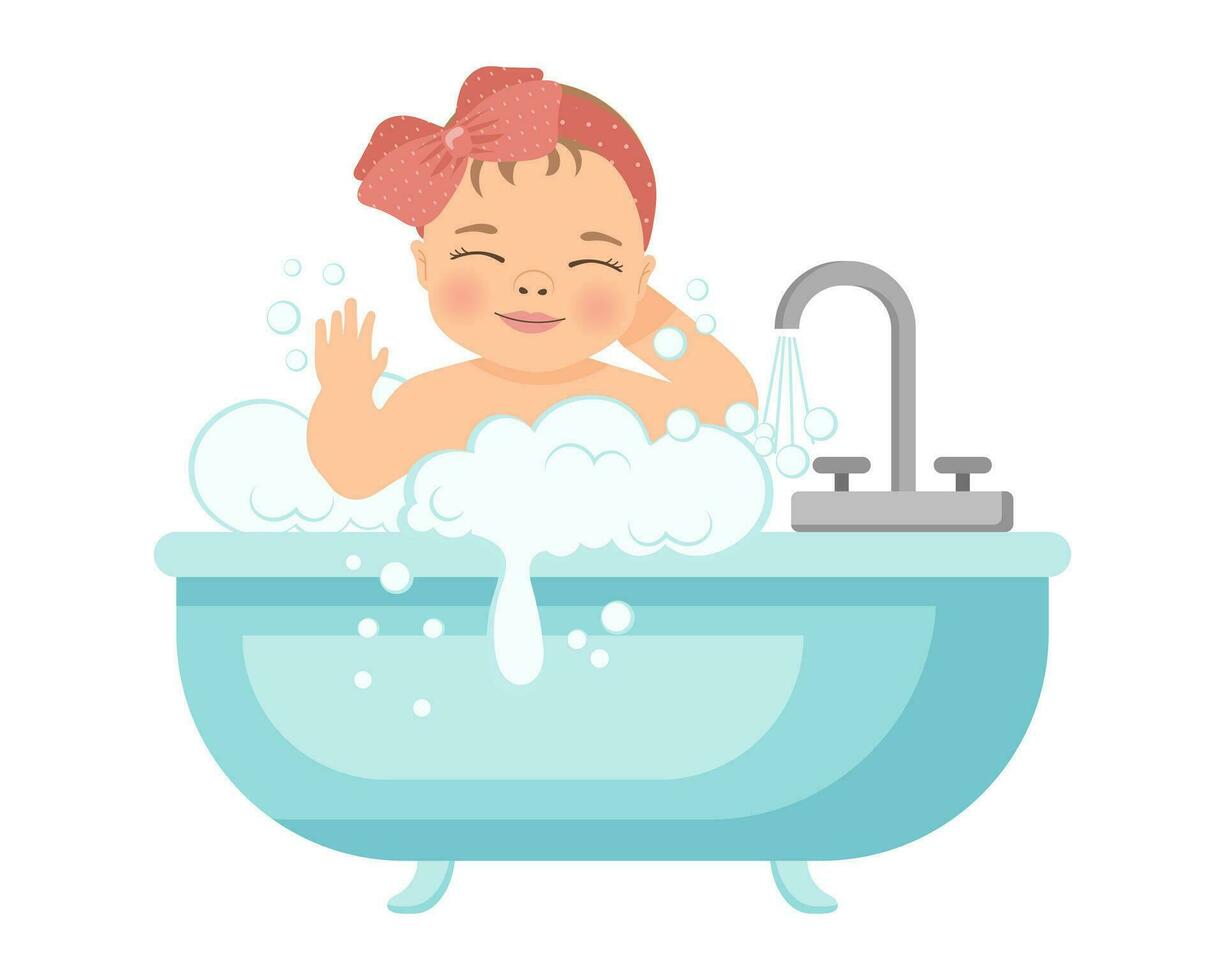 Baby girl in a bath with foam. Baby shower illustration. Design of children's hygiene products. Vector