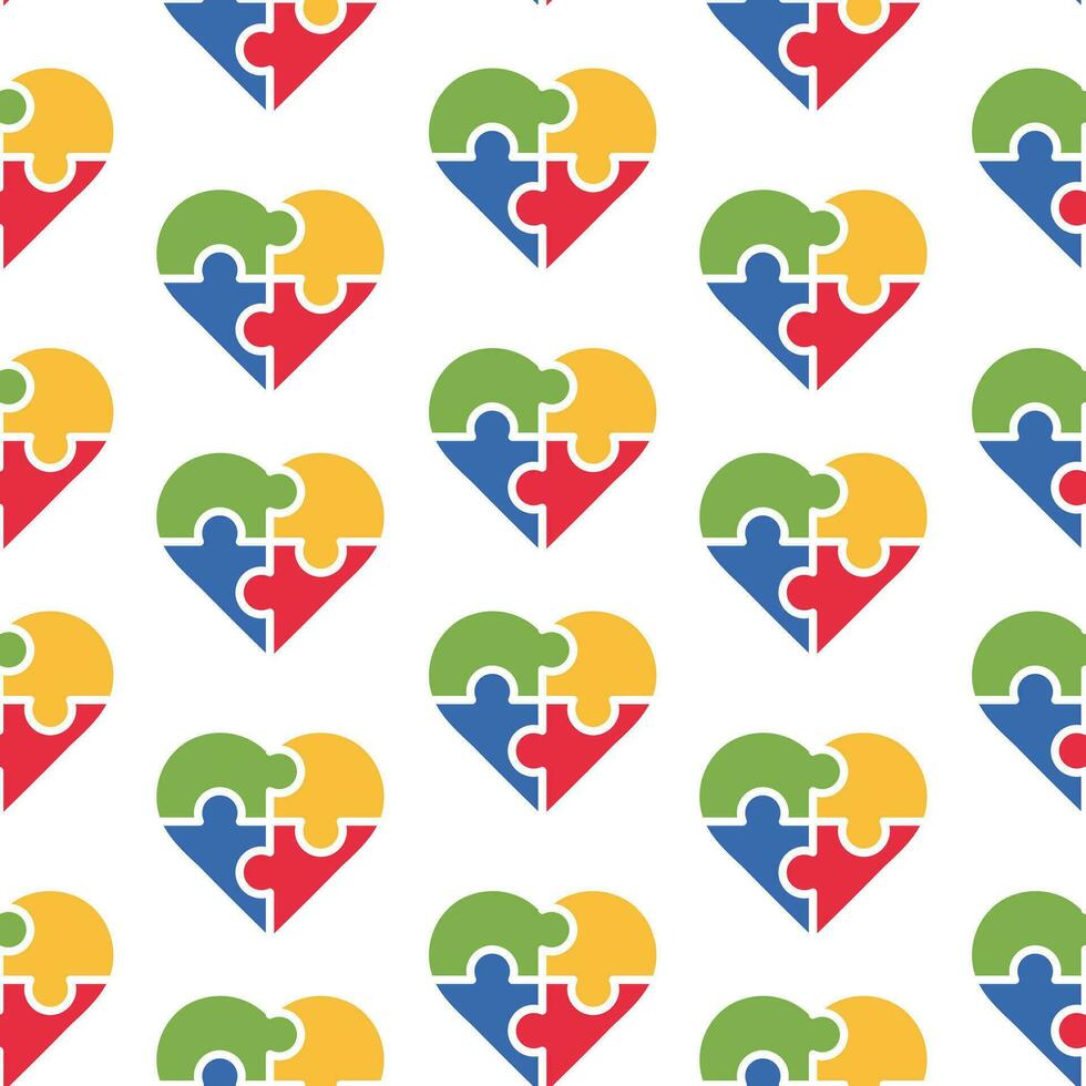 Seamless pattern, multi-colored hearts puzzles on a white background. Print, textile, vector