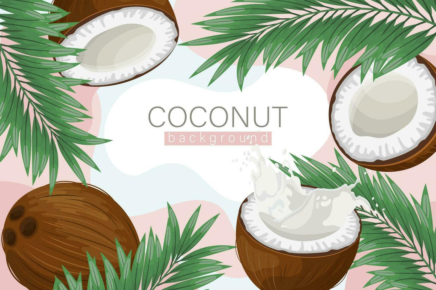 Coconut background. Cosmetic label background, realistic coconut milk, coconut and palm leaves on abstract pink texture. Beach poster. Vector