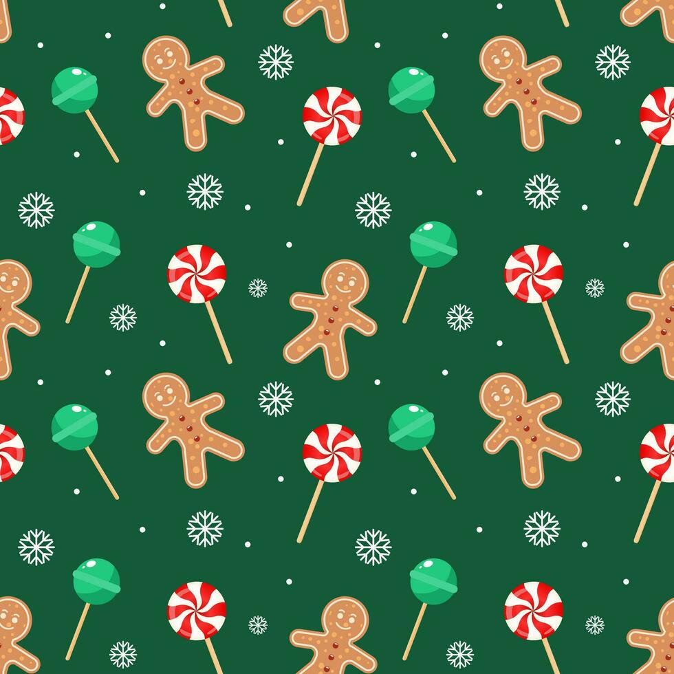 Christmas seamless pattern with gingerbread men, snowflakes, candy canes and socks. Festive green background, vector