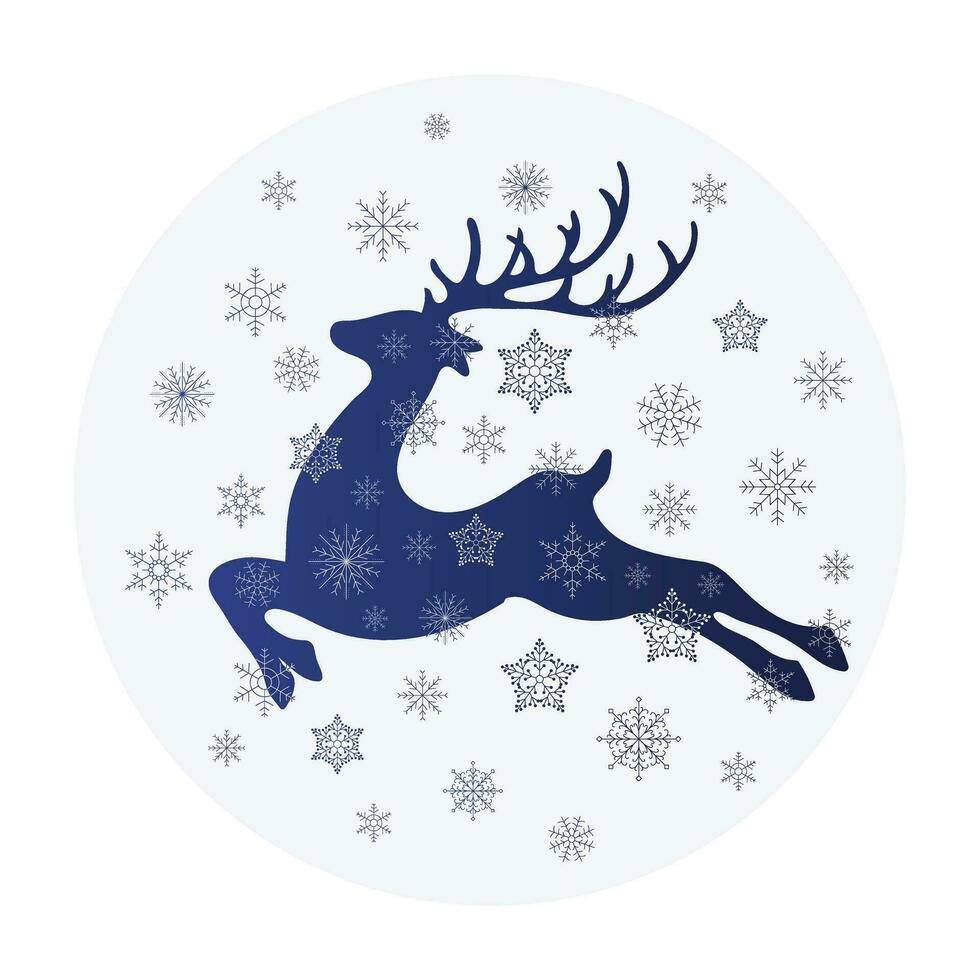 Navidad tarjeta con ciervo en blanco copos de nieve, silueta. festivo invierno ilustración, vector