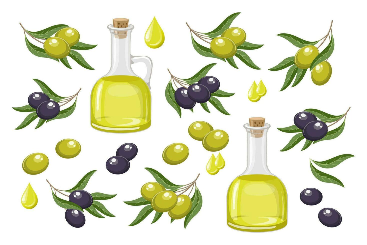 Set of black and green olives. Olive oil, drops of oil and twigs with olives and leaves. Food illustration, vector