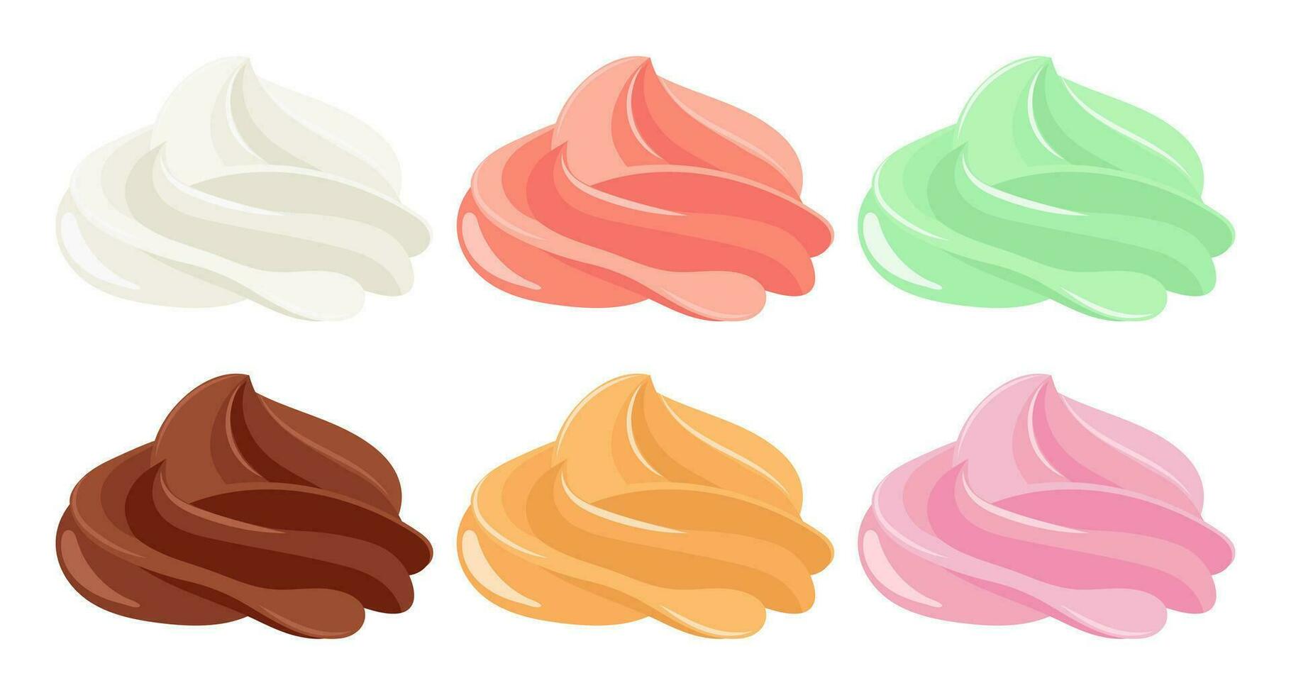 Creamy swirl set. Whipped cream, mousse. Strawberry, chocolate, vanilla and caramel cream. Dessert illustration in cartoon flat style. Food icons. Vector