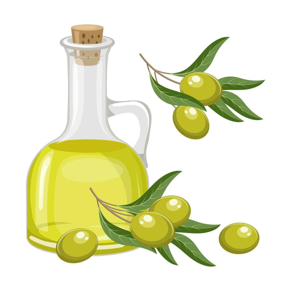 Olive oil and twigs with olives and leaves. Food illustration, vector