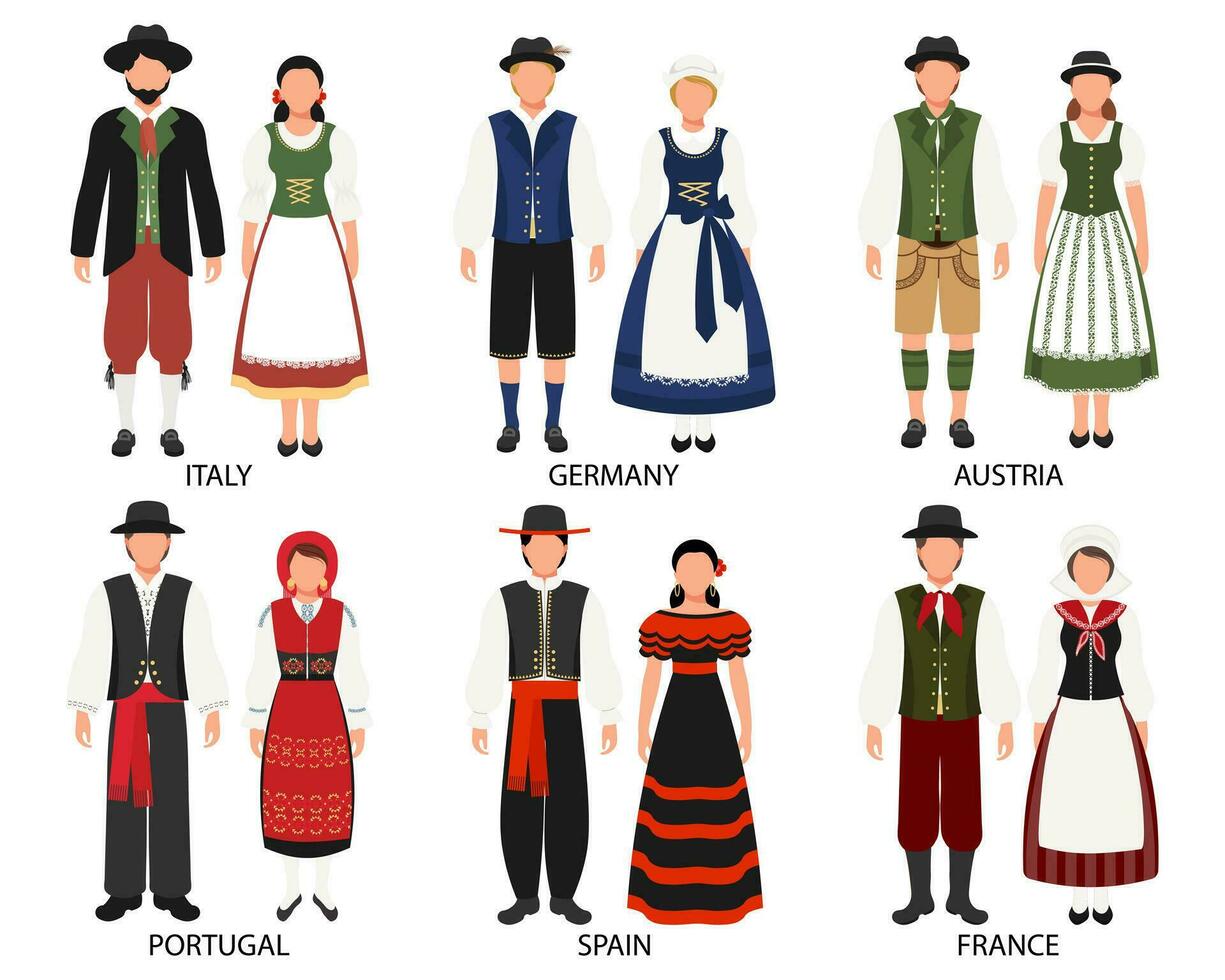 un conjunto de parejas en gente disfraces de europeo países. Italia, Alemania, Portugal, España, Francia, Austria. cultura y tradiciones ilustración, vector