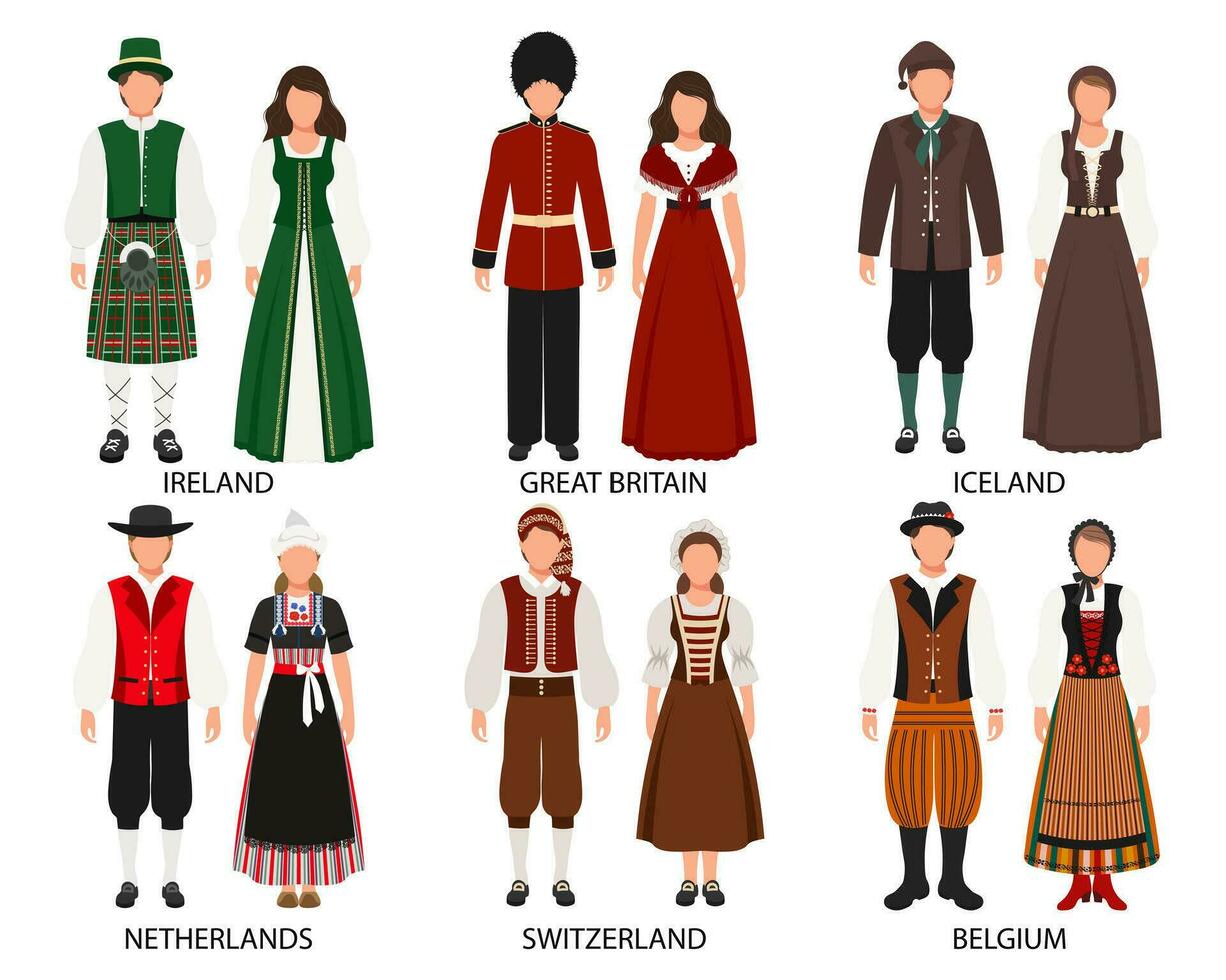 un conjunto de parejas en gente disfraces de europeo países. Irlanda, Islandia, genial Bretaña, el Países Bajos, Bélgica, Suiza. cultura y tradiciones ilustración, vector
