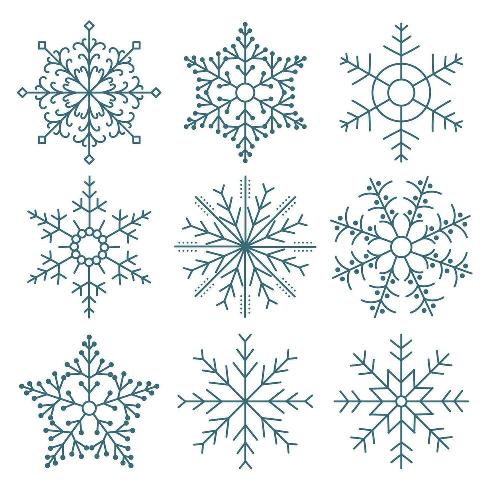 Set of hand drawn lacy blue snowflakes on a white background. Winter design elements, vector