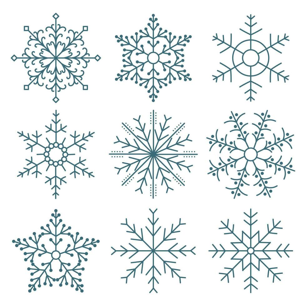 conjunto de mano dibujado de encaje azul copos de nieve en un blanco antecedentes. invierno diseño elementos, vector