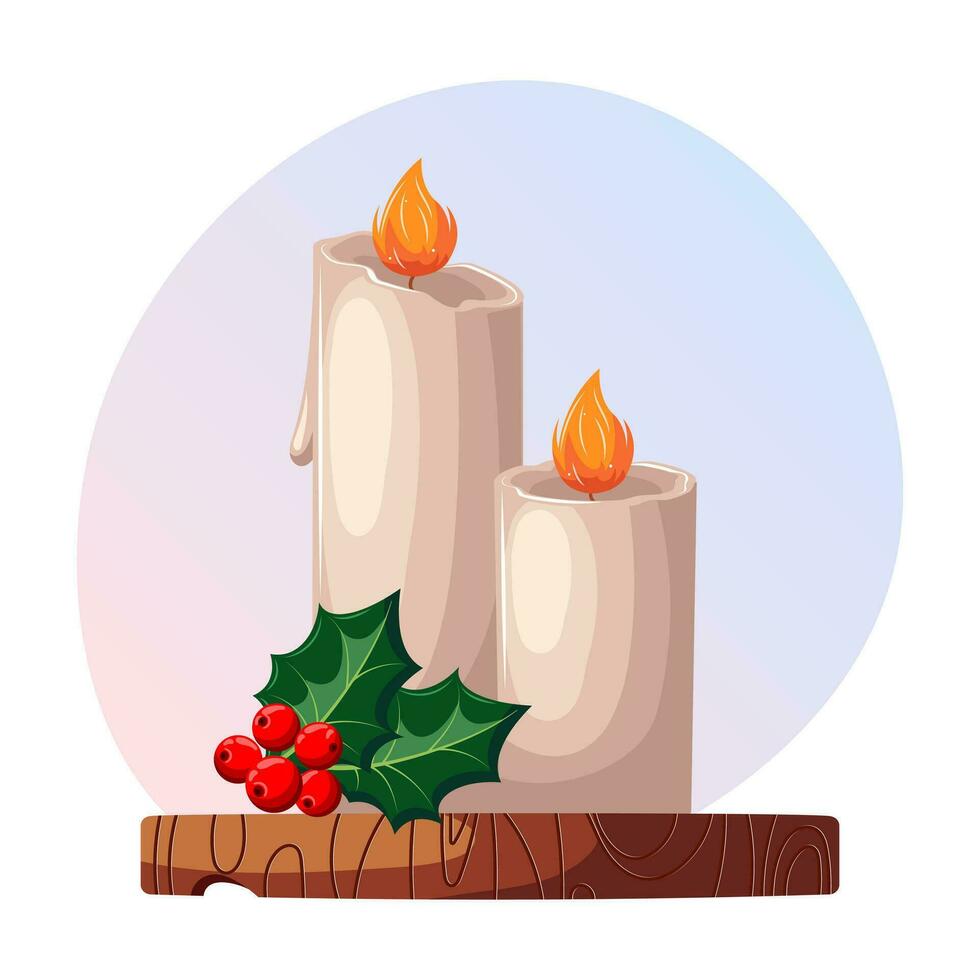 Christmas illustration, burning candles, holly and red berries on a wooden stand. Postcard, background, vector