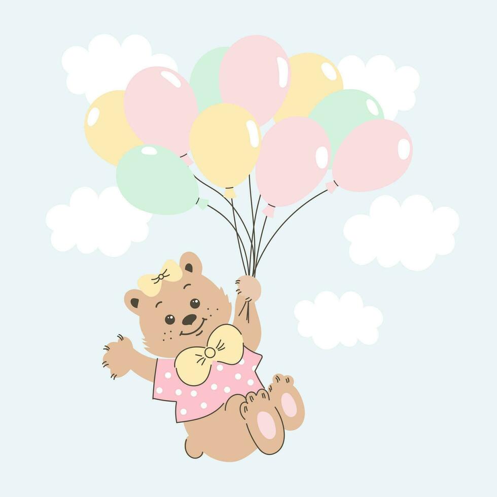 Cute cartoon teddy bear flies on balloons in the sky with clouds. Baby illustration, postcard, print, vector