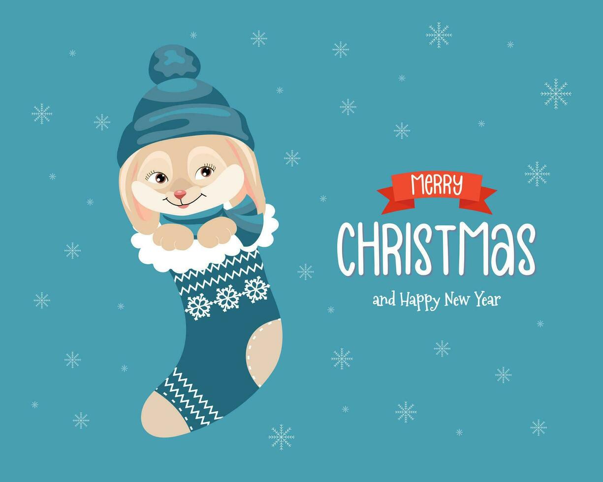 Cute bunny in a Christmas sock on a background of snowflakes. Christmas card, poster, vector