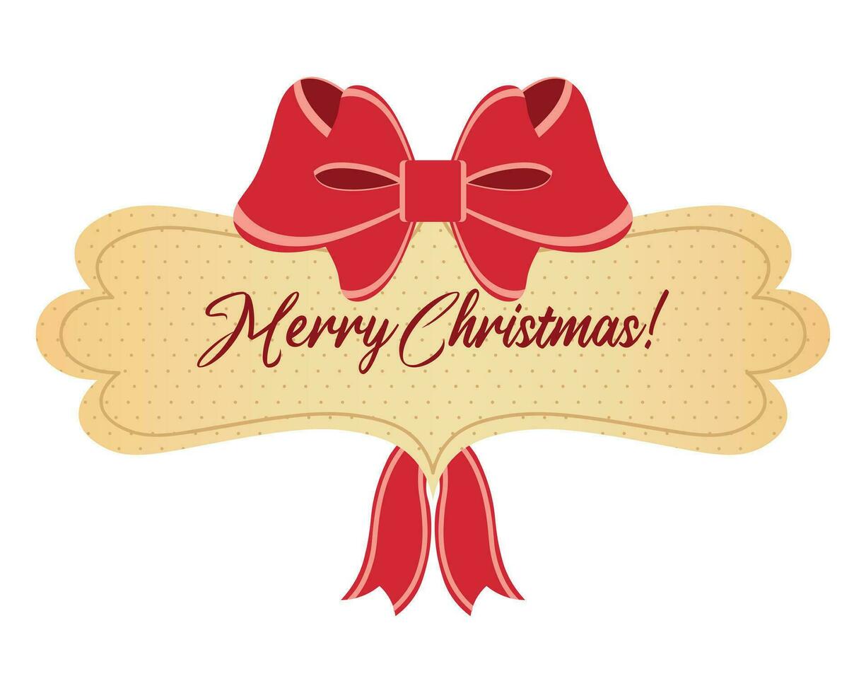 Openwork banner with a congratulatory text Merry Christmas decorated with a red bow. Illustration, vector