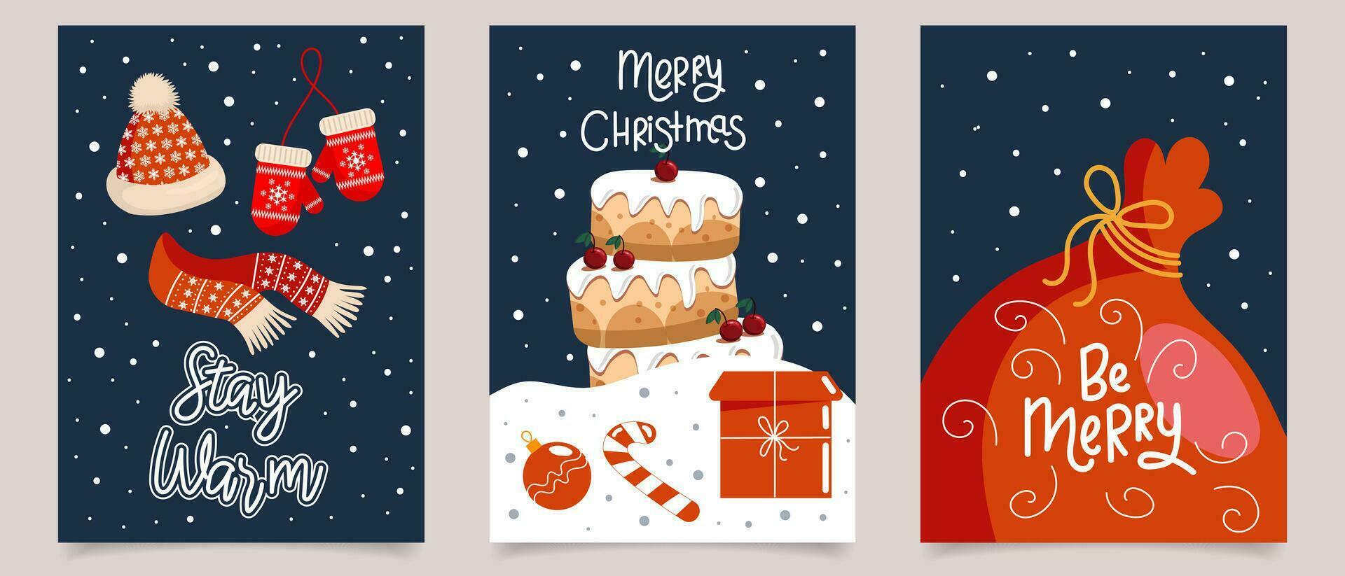 Set of Christmas cards with lettering decorated with toys, Christmas candies, gifts and snowflakes. Set of holiday backgrounds. Posters. vector