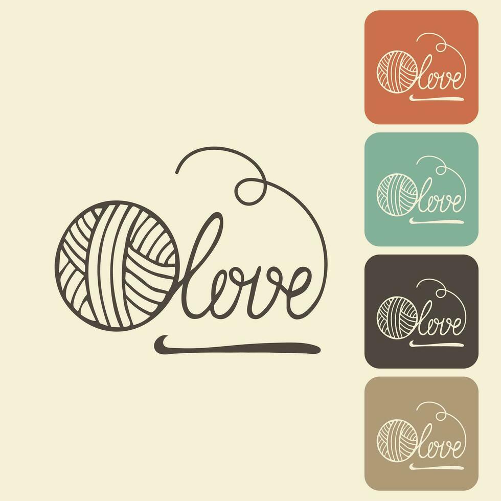 Knitting and crocheting icon in different variations. A skein, a ball of thread, a hook and knitting needles. Sketch, vector