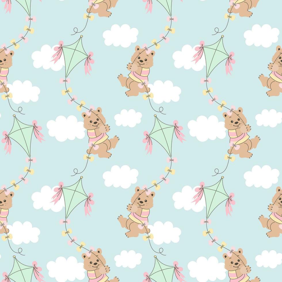 Seamless pattern, cute cartoon bears fly on a kite in the sky with clouds. Baby background, print, textile, vector