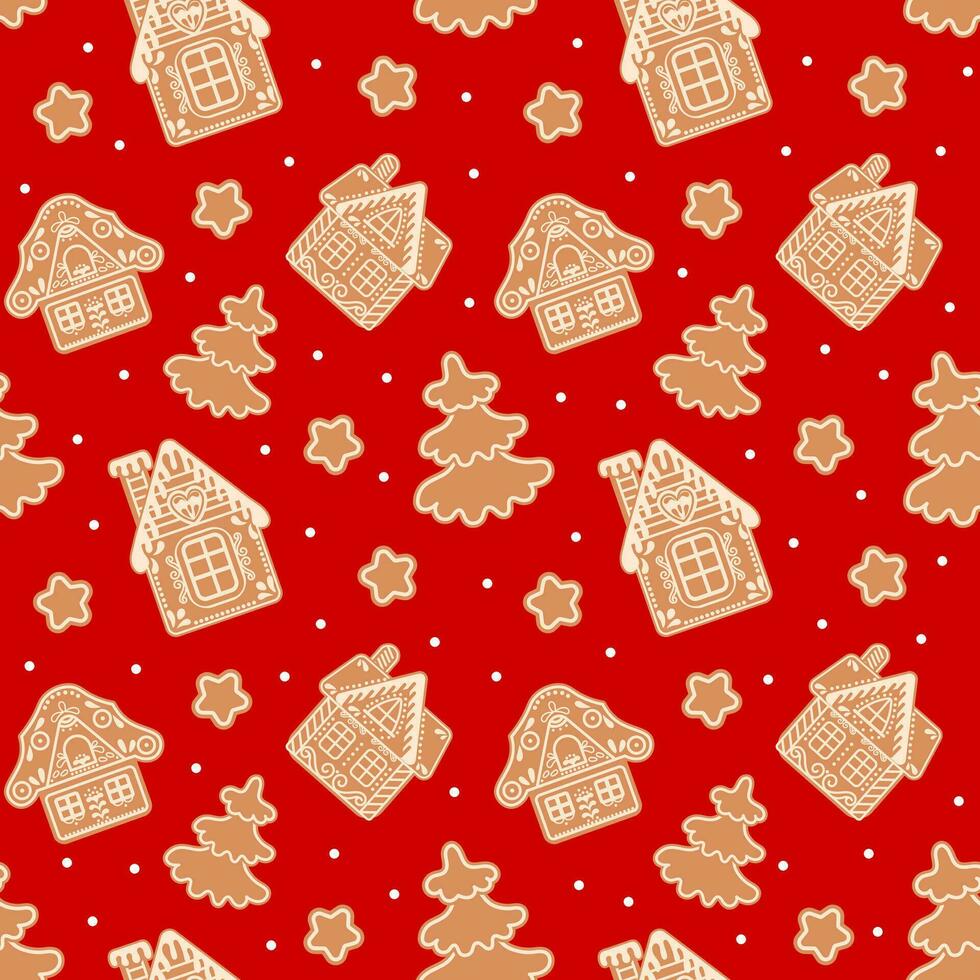 Christmas seamless pattern with gingerbread houses, fir trees, stars and snowflakes. Festive red background, vector