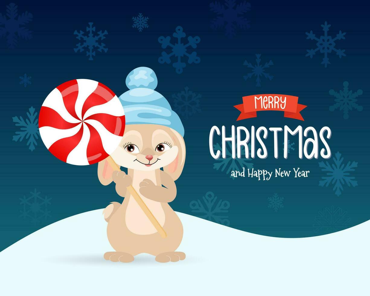 Cute bunny with Christmas candy on a snowy background with snowflakes and congratulatory text. Christmas, New Year card, vector