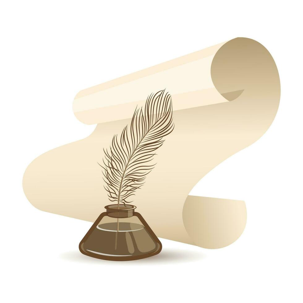 World Poetry Day, Writer's Day. A roll of parchment and an inkwell with a feather. Illustration, vector