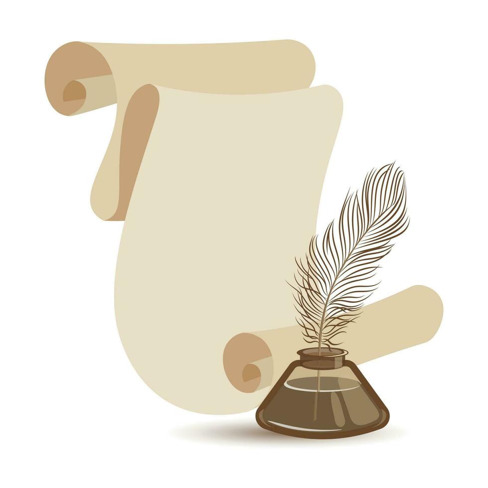 World Poetry Day, Writer's Day. A roll of parchment and an inkwell with a feather. Illustration, vector