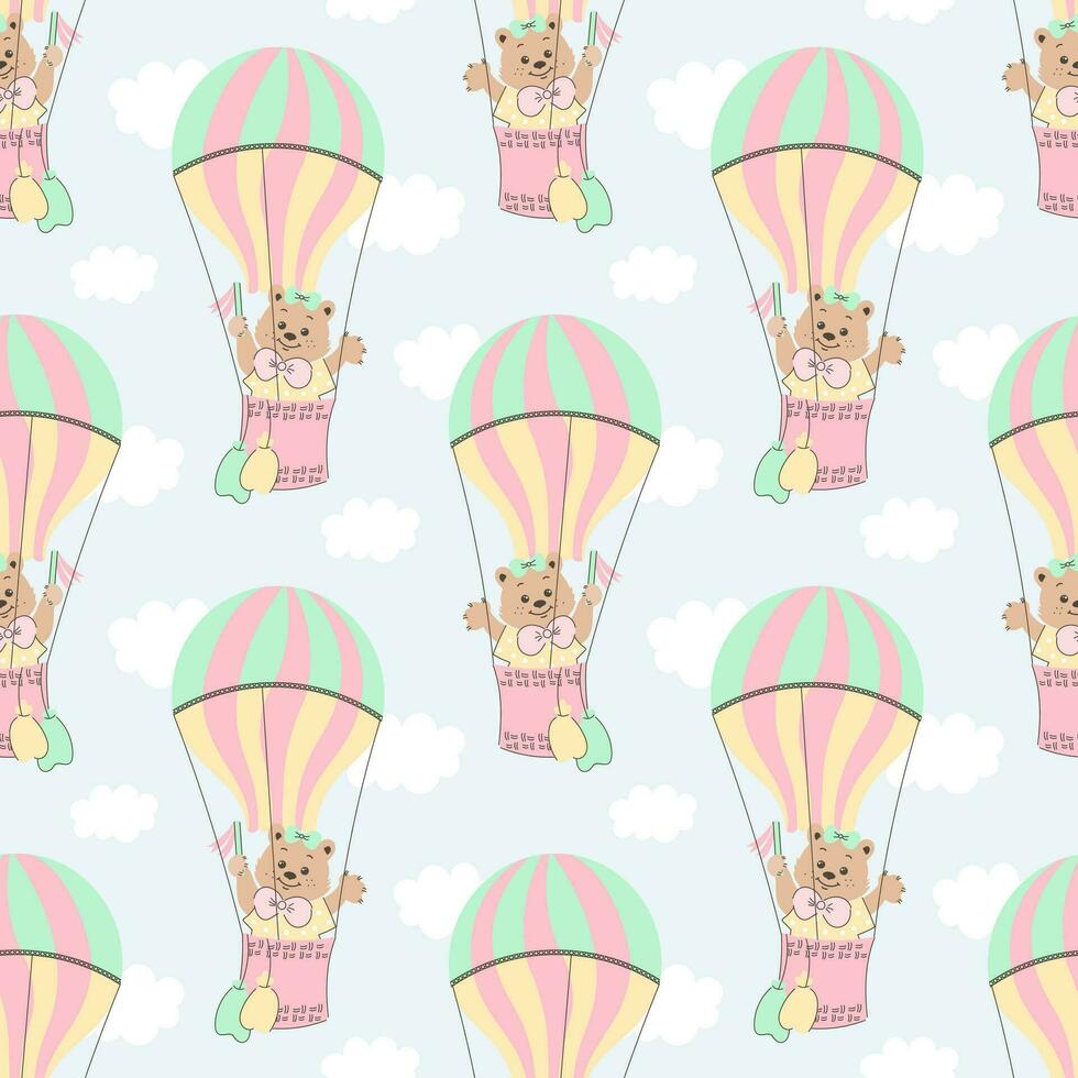 Seamless pattern, cute cartoon bears flying in a hot air balloon in the sky with clouds. Baby background, print, textile, vector