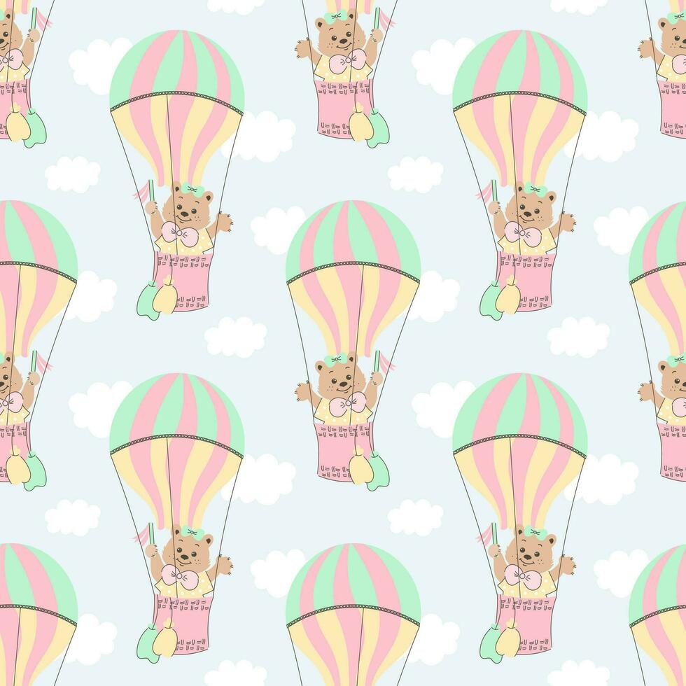 Seamless pattern, cute cartoon bears flying in a hot air balloon in the sky with clouds. Baby background, print, textile, vector