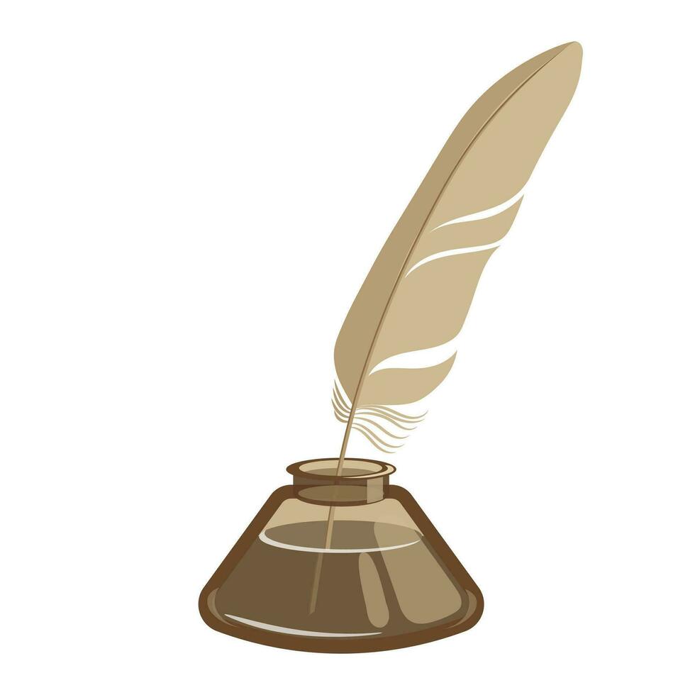 Inkwell with feather on a white background. Illustration in flat style, vector