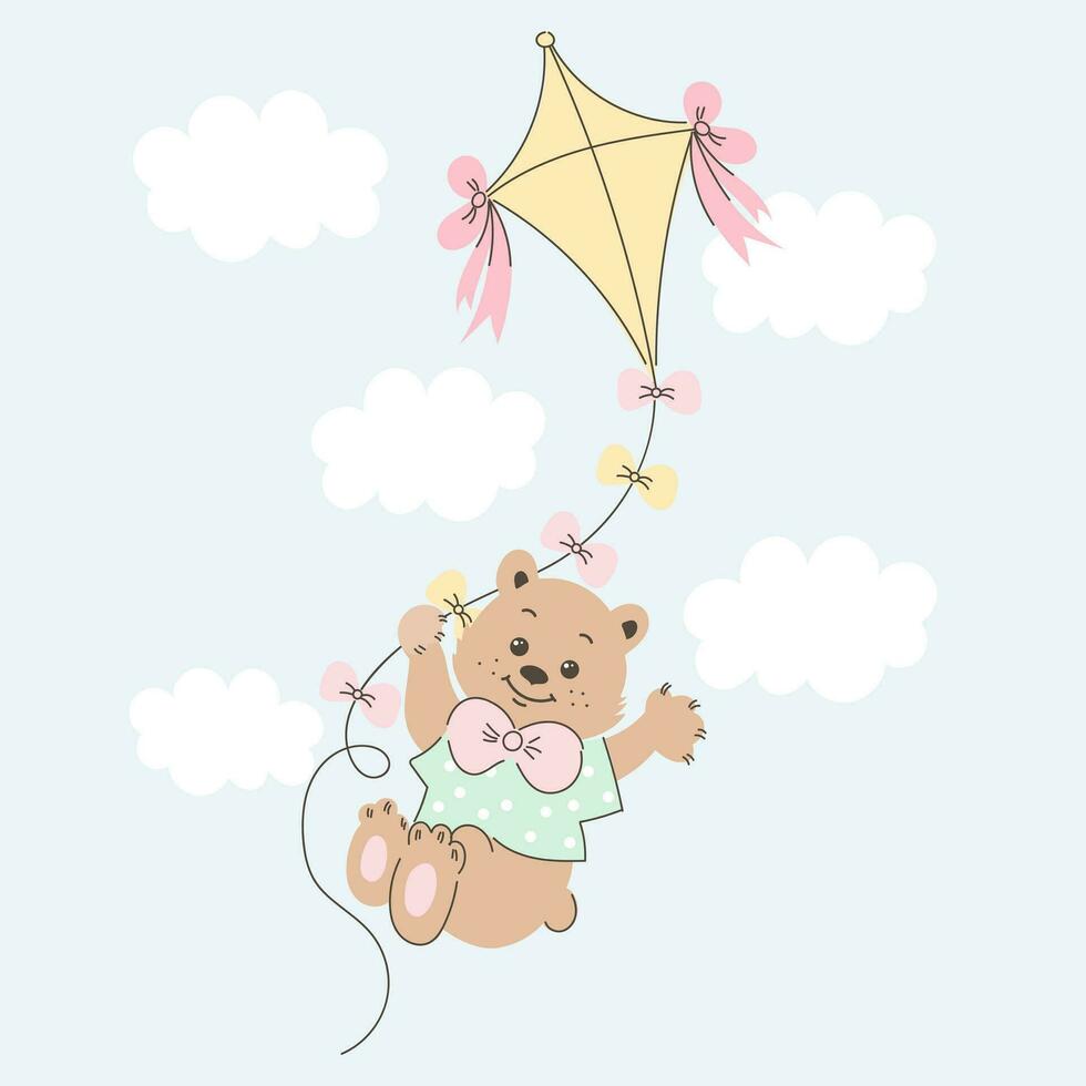 Cute cartoon teddy bear flying on a kite in the sky with clouds. Baby illustration, postcard, print, vector