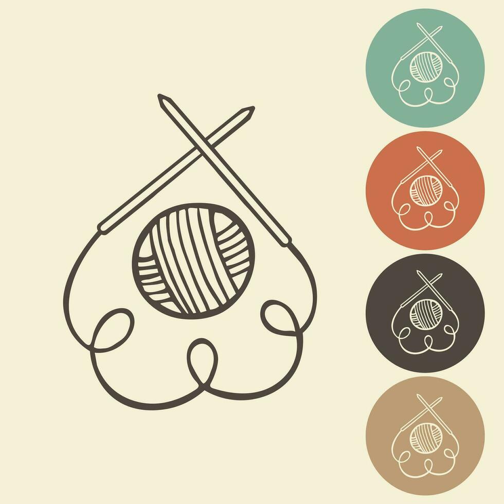 Knitting and crocheting icon in different variations. A skein, a ball of thread, a hook and knitting needles. Sketch, vector