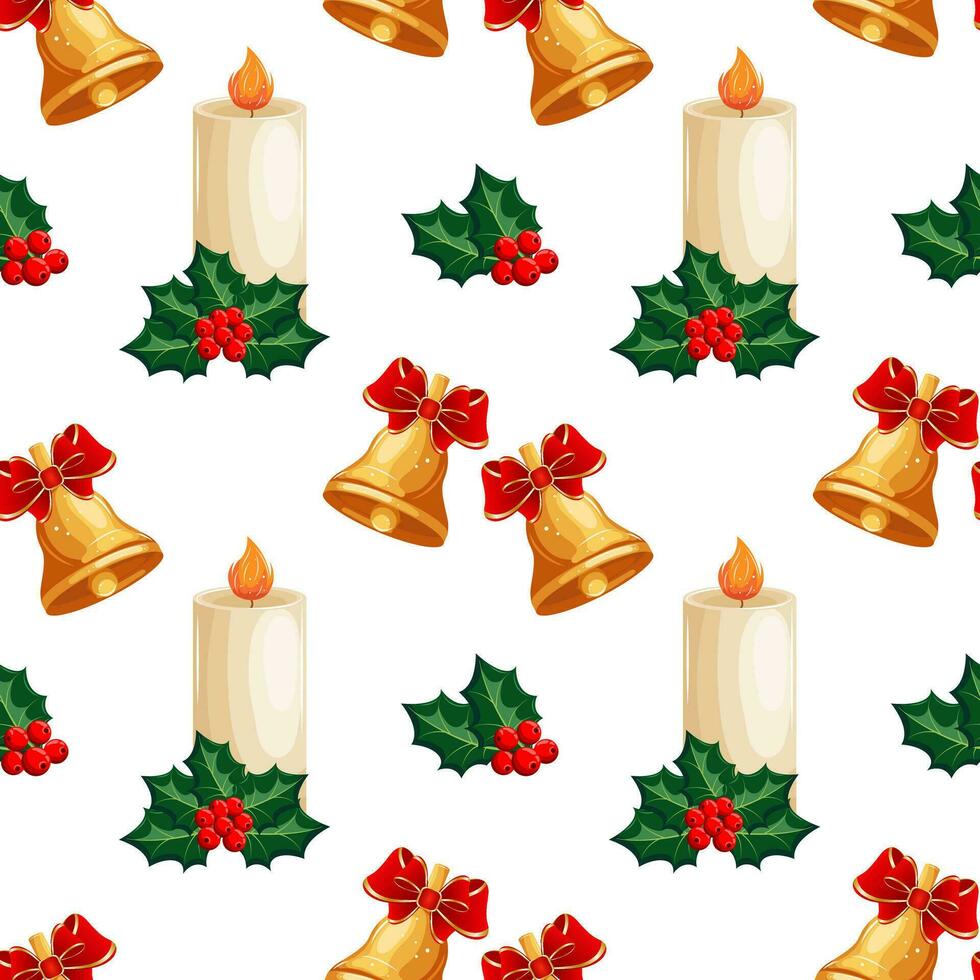 Seamless pattern. christmas candles and holly with berries on a white background. Print, background, vector