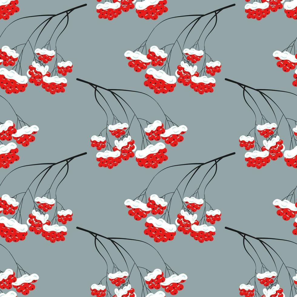 Seamless pattern, brunches of red rowan in the snow on a blue background. Print, background, vector