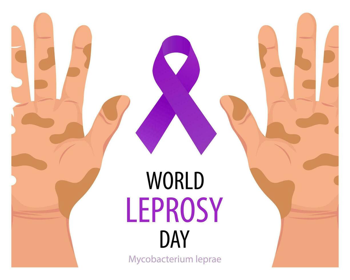 World leprosy day banner with hands and purple awareness ribbon. Healthcare and medicine. Vector