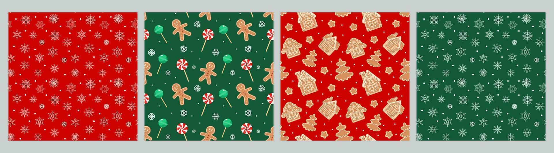 Collection of Christmas seamless patterns with gingerbread men, houses, snowflakes, Christmas candies and socks. Set of holiday backgrounds, vector