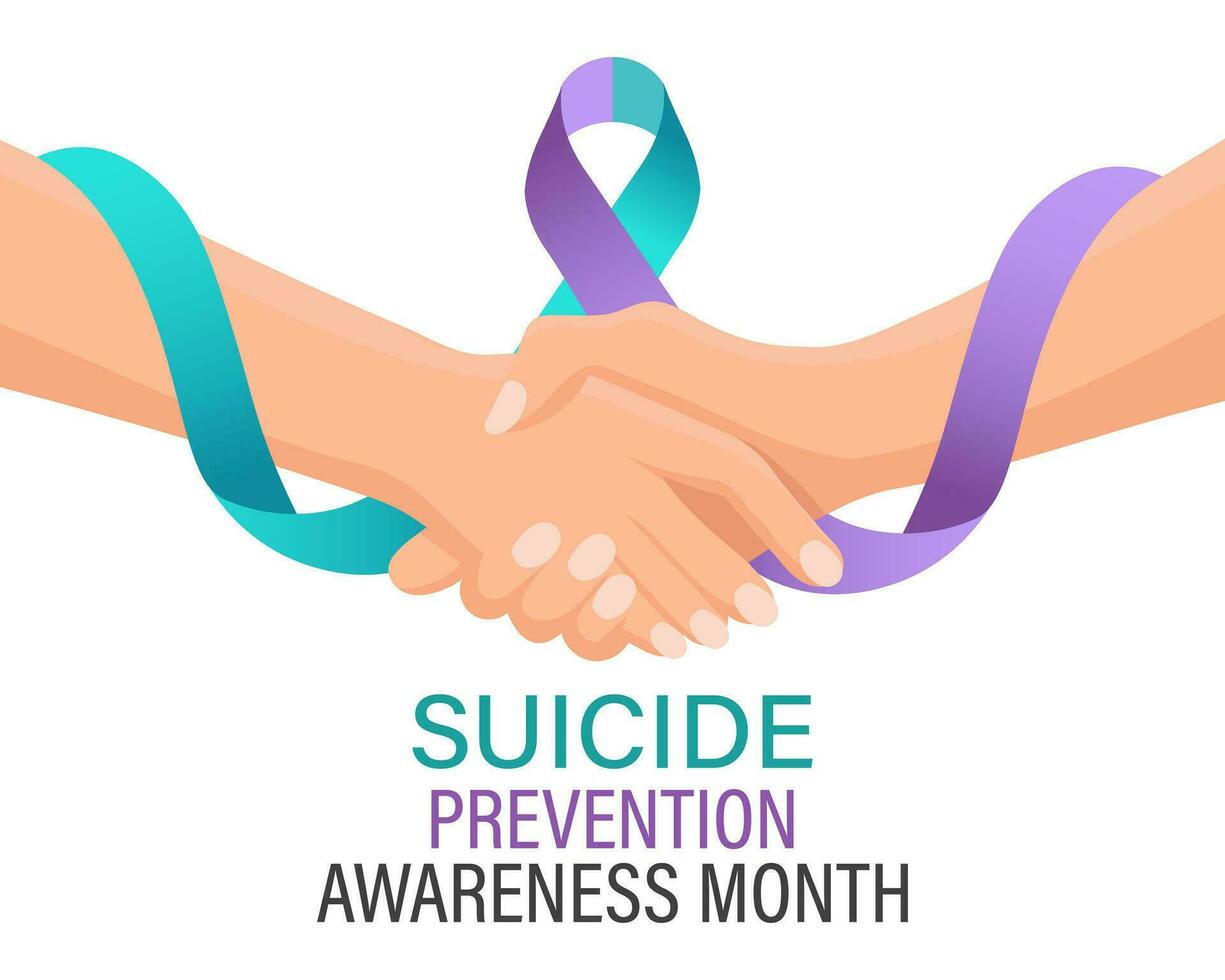 World Suicide Prevention Month banner with hands and purple and green awareness ribbon. Social problems. Vector