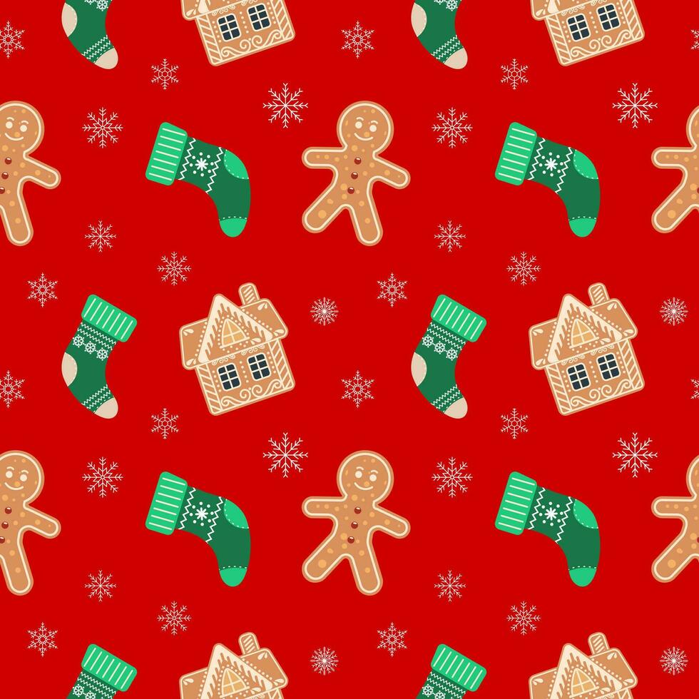Christmas seamless pattern with gingerbread men, houses, snowflakes and socks. Festive red background, vector